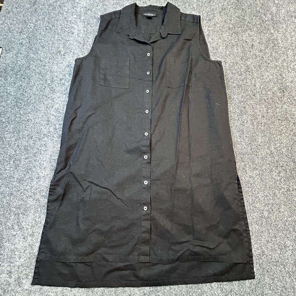 Saks Fifth Avenue Black Linen Cotton Sleeveless Shirt Dress Pockets Large